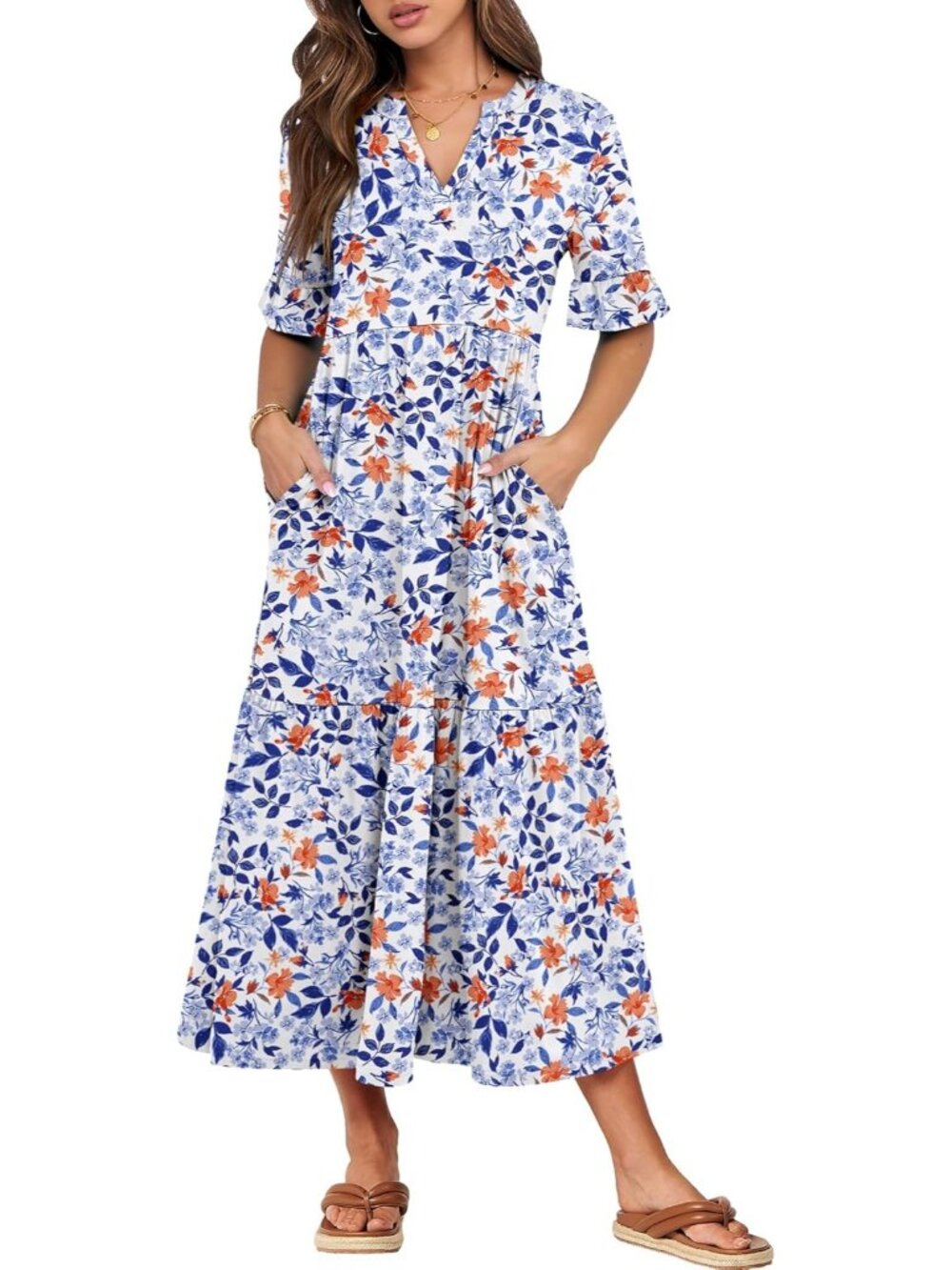 Women's Orange Floral Short Sleeve Maxi Dress V-Neck Tiered with Pockets Dresses